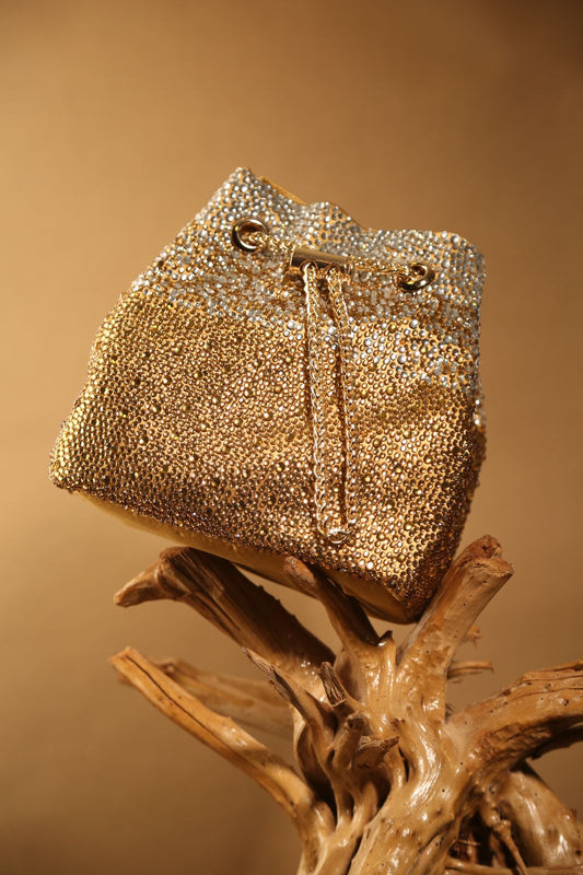 Bejeweled Mini bucket bag in gold