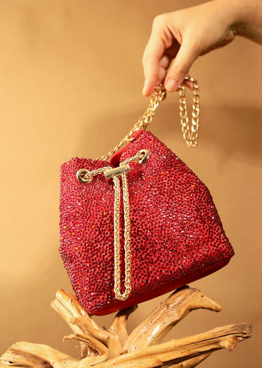 Bejeweled mini bucket bag in red